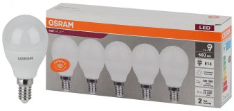 Лампа светодиодная LED 7 Вт E14 4000К 560Лм шарик 220 В (замена 60Вт) OSRAM упак 5 шт 4058075578135 LEDVANCE
