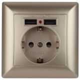 Розетка P+E Schuko со шторками, 16А-250В + 2хUSB, IP20, СУ, Solo, шампань, 4-410-04 Б0043406 ЭРА