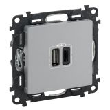Valena LIFE.Зарядное устройство с двумя USB-разьемами тип A-тип С 240В/5В 3000мА.С лицевой панелью.Цвет Алюминий 753306 Legrand