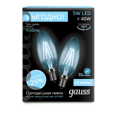 Лампа светодиодная LED 5вт 230в E14 FILAMENT белыйсвеча Gauss ПРОМО (2 лампы в упаковке) 103801205P GAUSS