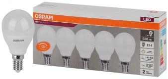 Лампа светодиодная LED 7 Вт E14 3000К 560Лм шарик 220 В (замена 60Вт) OSRAM упак 5 шт 4058075578104 LEDVANCE
