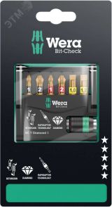 Набор бит с битодержателем Bit-Check 7 Diamond 1 SB алмазное покрытие 7 предметов с держателем-еврослот WE-073419 Wera