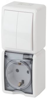Блок розетка+выкл. двойн. верт. IP54, 16A(10AX)-250В, ОУ, Эра Эксперт, белый, 11-7408-01 Б0036006 ЭРА