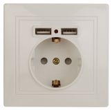 Розетка Intro Plano 1-410-02 с заземлением 2P+E Schuko со шторками, 16А-250В + 2хUSB 5В-2,1А, IP20, СУ, слоновая кость Б0053943 ЭРА