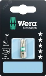 Бита 3867/1 TS TORX SB нержавеющая сталь хвостовик шестигранный 1/4 C 6.3 TX 30 x 25 мм с держателем-еврослот для подвеса WE-073625 Wera