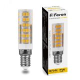 Лампа светодиодная LED 7вт Е14 теплый прозрачный цилиндр 25898 FERON