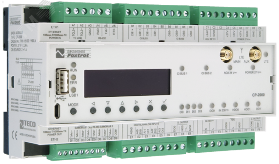Центральный контроллер CP-2000 LTE CP-2000, CPU/1core, 2xETH100/10, LTE, 128kB databox, LCD 20mm, 1x RS232, CH1-4, 4xAI/DI, 3xDI/230VAC, 2xRO, 2xCIB TXN 120 00.11NDLN TECO