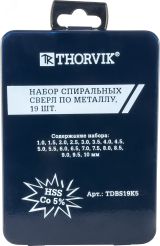 Набор спиральных сверл по металлу HSS Co в металлическом кейсе, d1.0-10.0 мм, 19 предметов 052898 Thorvik