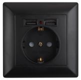 Розетка Intro Solo 4-410-05 с заземлением P+E Schuko со шторками, 16А-250В + 2хUSB, IP20, СУ, антрацит Б0053717 ЭРА