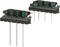 Набор отвёрток с Т-образной рукояткой с двумя подставками 467/7 TORX HF Set 1 с функцией фиксации крепежа TX 10 - 45 7 предметов комплектация: 7x 467 TORX HF Отвёртка с поперечной ручкой с фиксирующей функцией: TX 10x100 TX 15x100 TX 20x100 TX 2 WE-023452