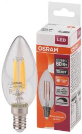 Лампа светодиодная LED 5Вт E14 CLB60D тепло-бел, Filament диммируемая,прозр.свеча OSRAM 4058075230354 LEDVANCE