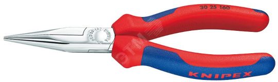 Длинногубцы плоскокруглые рифлённые губки 50 мм L-160 мм хромированные двукомпонентные рукоятки KN-3025160 KNIPEX
