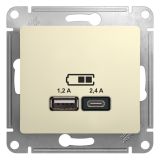 GLOSSA USB РОЗЕТКА A+С, 5В/2,4А, 2х5В/1,2 А, механизм, БЕЖЕВЫЙ GSL000239 Systeme Electric