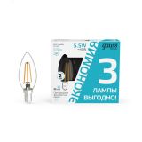 Лампа светодиодная филаментная LED 5.5 Вт 530 лм 4100К AC180-240В E14 свеча нейтральный (промоупаковка 3 лампы) Basic 1031126T GAUSS