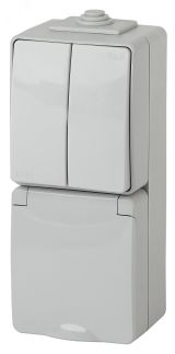 Блок розетка+выкл. двойн. верт. IP65, 16A(10AX)-250В, ОУ, Эра Эксперт, серый, 11-7608-03 Б0035999 ЭРА