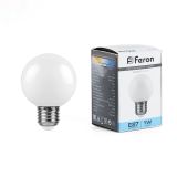 Лампа светодиодная LED 1вт Е27 белый 6400К (шар) 25115 FERON
