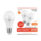 Лампа светодиодная LED 14Вт 230в, E27, теплый A60 Gauss ПРОМО (2шт в упак) 23214P GAUSS