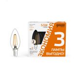 Лампа светодиодная филаментная LED 5.5 Вт 510 лм 2700К AC180-240В E14 свеча теплая (промоупаковка 3 лампы) Basic 1031116T GAUSS