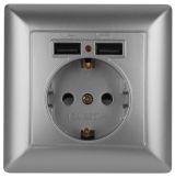 Розетка Intro Solo 4-410-03 с заземлением P+E Schuko со шторками, 16А-250В + 2хUSB, IP20, СУ, алюминий Б0053715 ЭРА