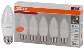 Лампа светодиодная LED 7 Вт E27 6500К 560Лм свеча 220 В (замена 60Вт) OSRAM упак 5 шт 4058075578074 LEDVANCE