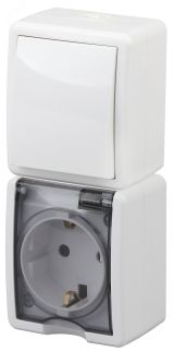 Блок розетка+выкл. верт. IP54, 16A(10AX)-250В, ОУ, Эра Эксперт, белый, 11-7407-01 Б0036004 ЭРА