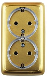Розетка двойная наружная с заземлением с изоляционной пластиной золото (стакан) РА16-183-07 HEGEL