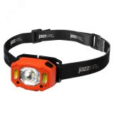 Фонарь налобный 5Вт LED + 2 x RED SMD ABS-пластик оранжевый нейлон 6 режимов работы управление жестами дальность до 65м заряд microUSB в комплекте IP54 5036673 JazzWay