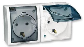 15 Aqua Розетка двойная 2Р+Е Schuko со шторками с крышкой полупр. IP54 16А 250В винт.зажим S15A белый 1594443-030 Simon