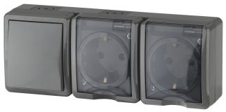 Блок две розетки+выключатель IP54, 16A(10AX)-250В, ОУ, Эра Эксперт, серый, 11-7403-03 Б0027674 ЭРА