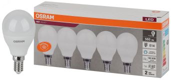 Лампа светодиодная LED 7 Вт E14 6500К 560Лм шарик 220 В (замена 60Вт) OSRAM упак 5 шт 4058075578166 LEDVANCE